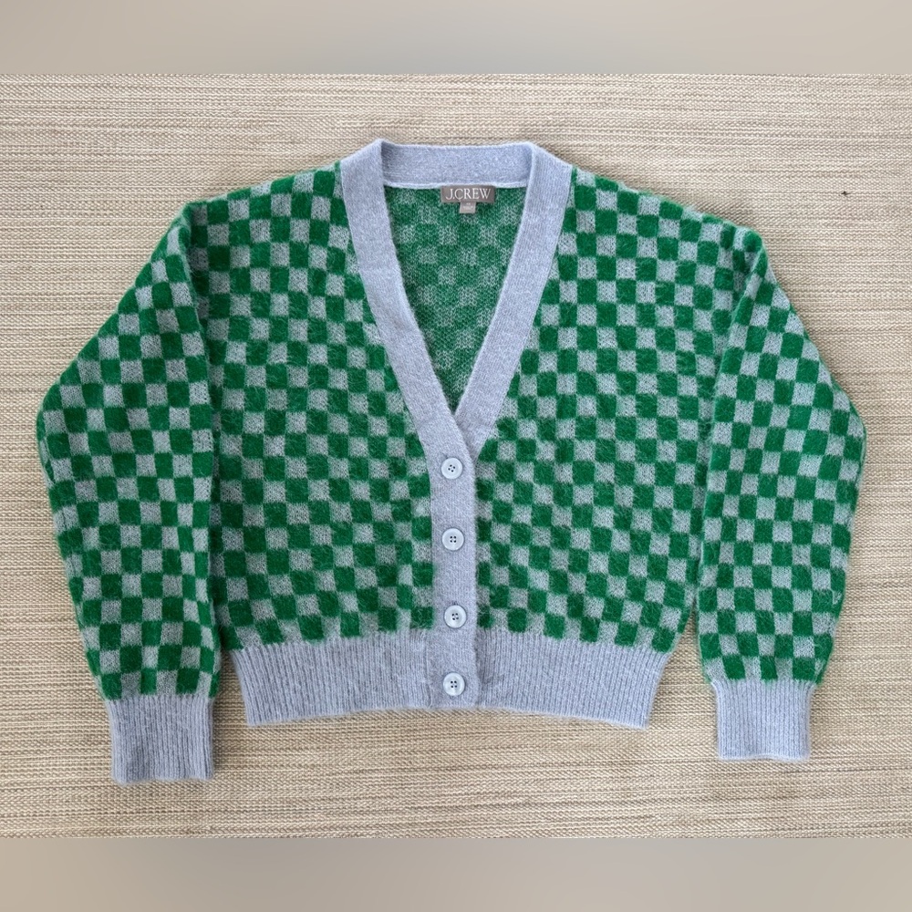 J.Crew green checkered v-neck cardigan sweater brushed yarn wool blend women XS